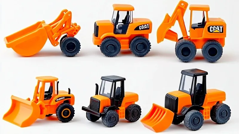 A collection of five toy construction vehicles in orange and black, including a bulldozer and an excavator