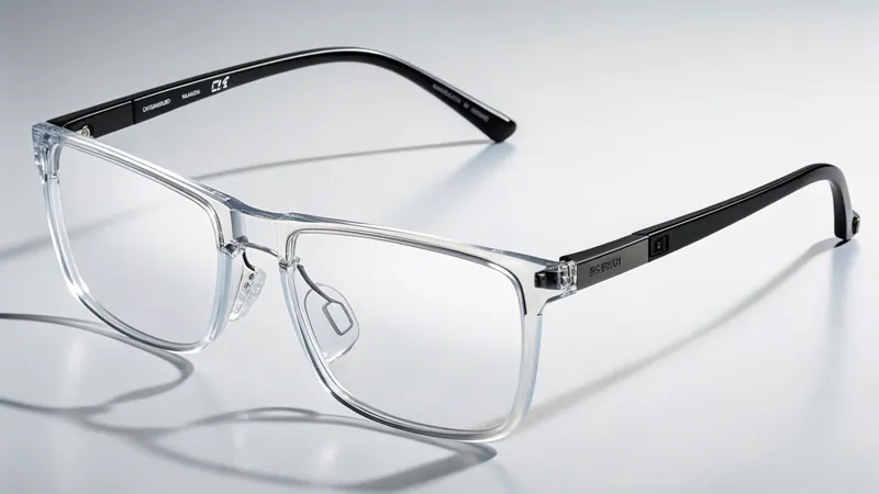 A pair of transparent eyeglasses with dark arms on a light surface