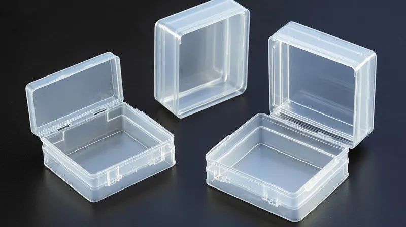 Three clear, square storage boxes on a dark surface. Two have lids open and one is closed