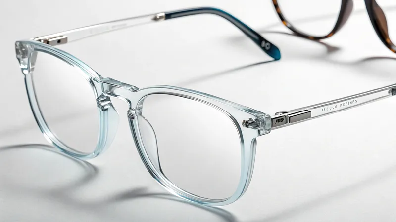 A pair of clear-framed eyeglasses placed on a white surface with part of another glasses in the background