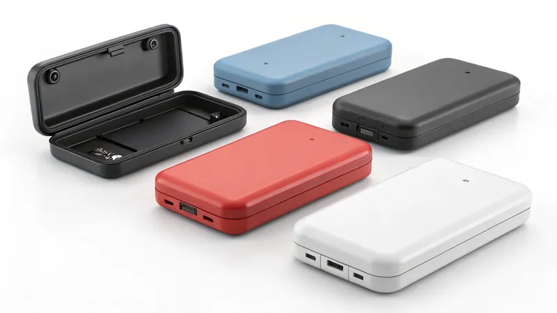A collection of UV sterilizer boxes in different colors, including black, blue, red, gray, and white, with one open displaying the interior