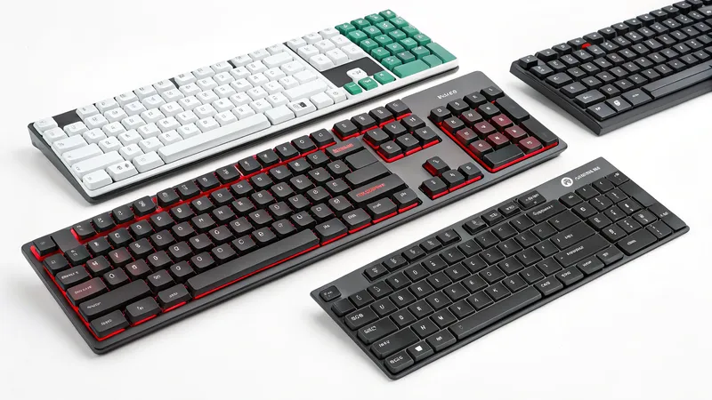 Four different computer keyboards with various designs and color schemes displayed on a white surface