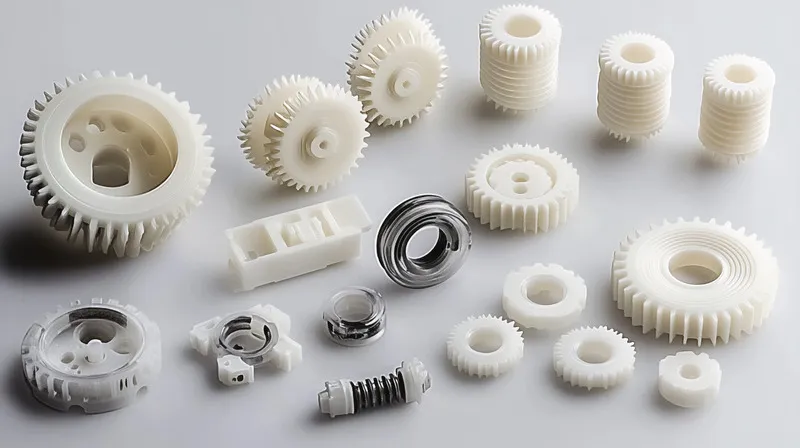 Assorted white plastic gears and mechanical components arranged on a surface