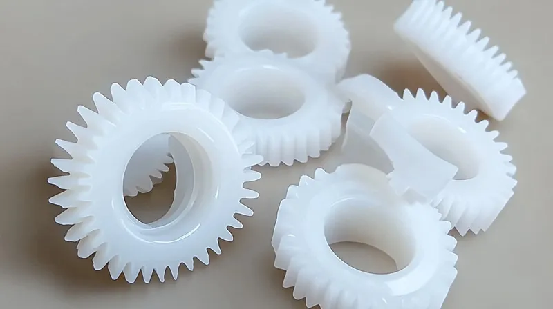 A group of white plastic gears of various sizes=