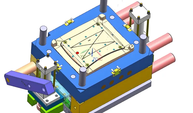 3D rendering of an industrial mold design with various components and mechanisms