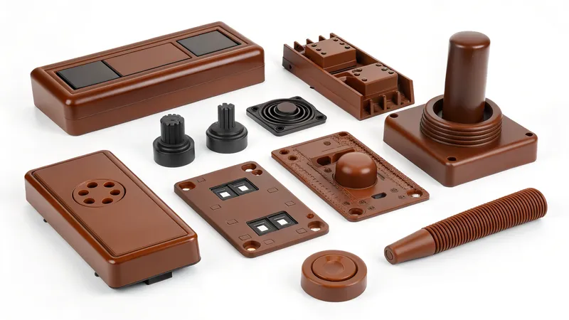 Assorted brown components of a vintage gaming controller disassembled and displayed