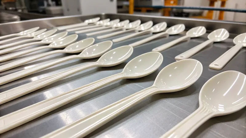 A row of biodegradable spoons laid out on a metal surface