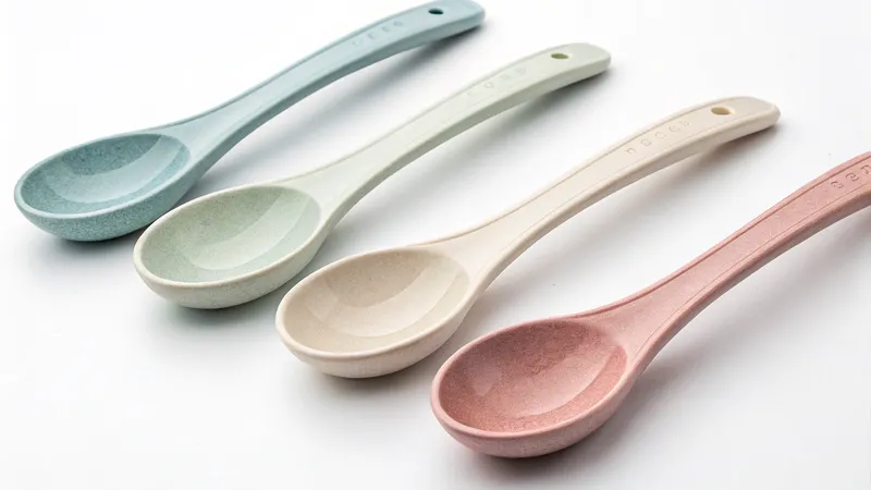 Cuatro cucharas de cerámica en colores pastel dispuestos en una superficie blanca.