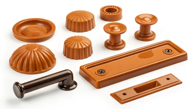 Assorted chocolate pieces shaped like door handles and hardware