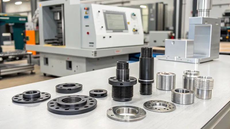 Various CNC machined metal parts displayed on a table in a workshop with machinery in the background