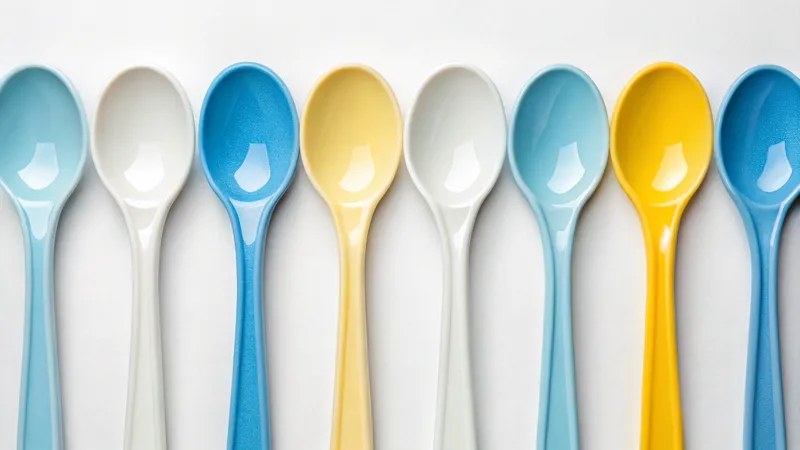 A row of colorful ceramic spoons in shades of blue, yellow, and white on a white background