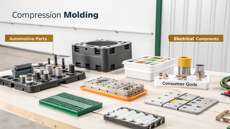 Various components on a table labeled as automotive parts, electrical components, and consumer goods in a compression molding context