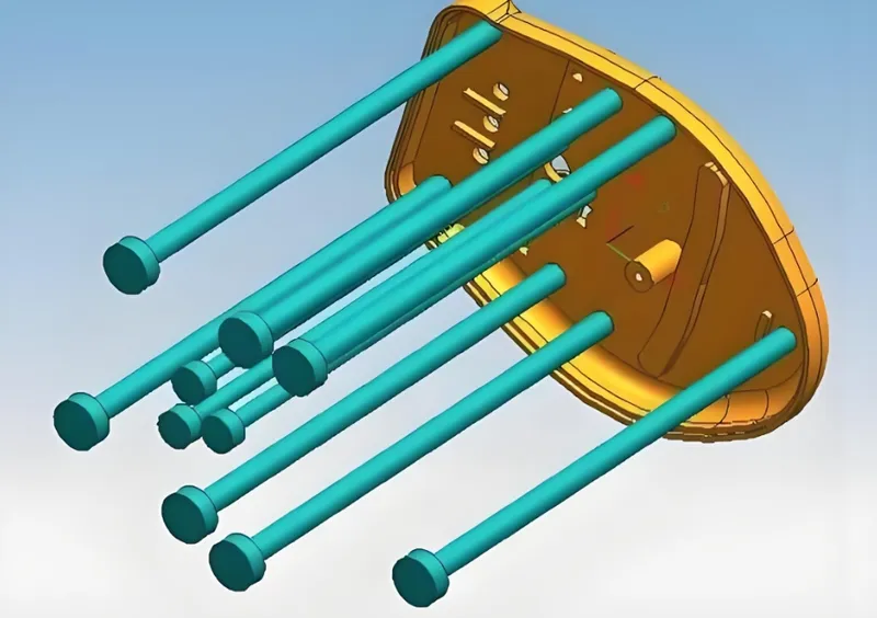 3D rendering of a yellow golf club head with blue weight adjustments