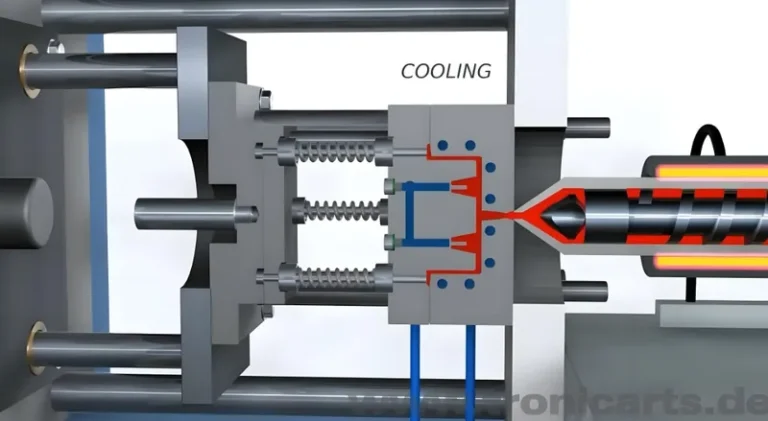 Diagram showing the injection molding process with components such as cooling and heating systems.