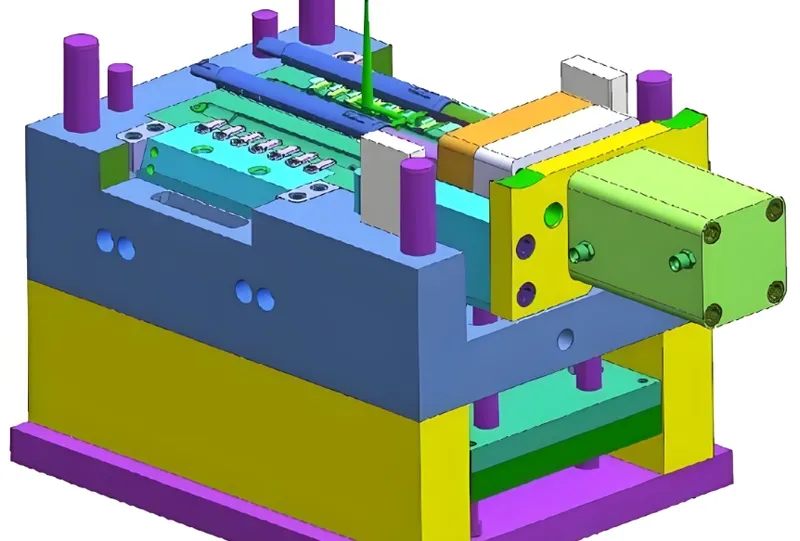 3D illustration of a colorful mechanical mold assembly with various components