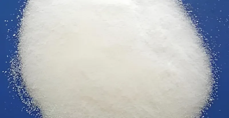 A close-up view of a pile of fine white powder on a blue surface