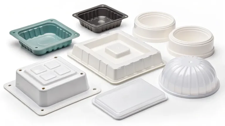 Assorted plastic packaging containers in various shapes and colors.