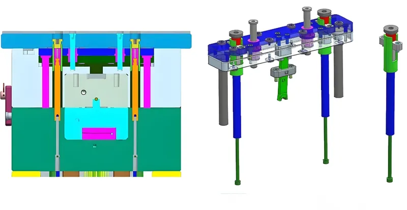 Technical illustration of plastic injection mold components with various colored sections including guides and ejector pins