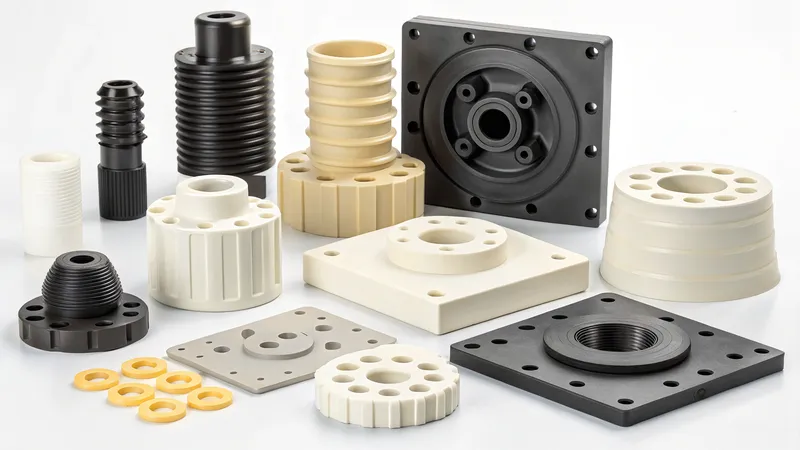 A collection of various plastic machined parts in different shapes and sizes