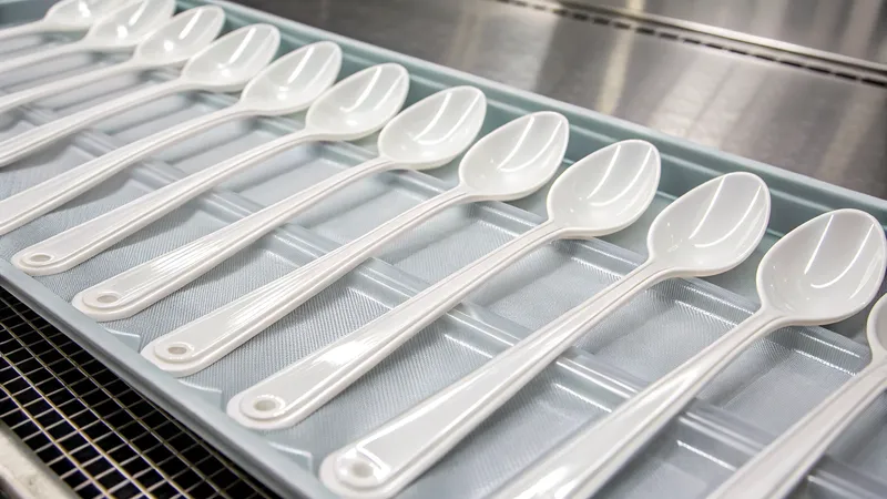 A row of white plastic spoons neatly arranged on a tray