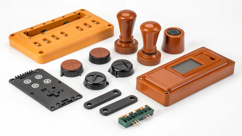 A collection of retro-style electronic enclosure components in orange and black colors
