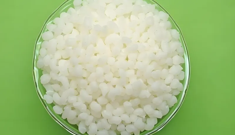A bowl filled with white sabudana pearls on a green background