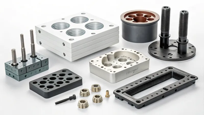 A collection of machined metal components including plates with threaded holes, bolts, and various metal parts