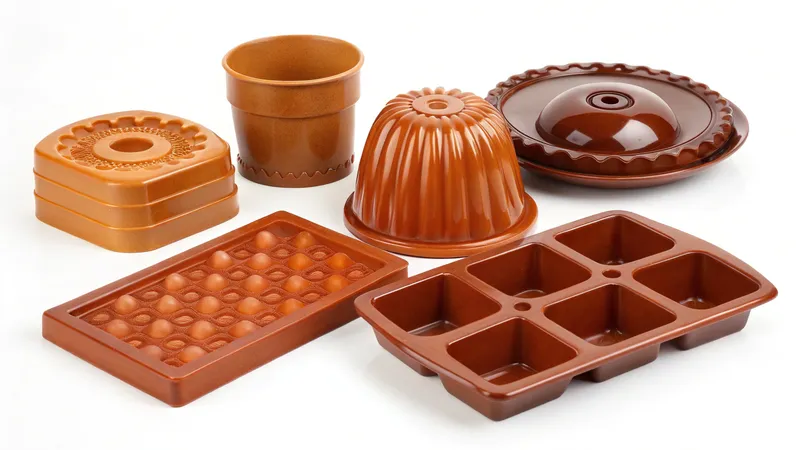 A collection of brown silicone baking molds including various shapes and designs