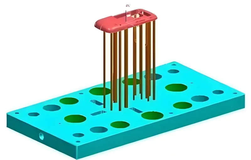 A 3D tooling design diagram showing a mold with vertical rods