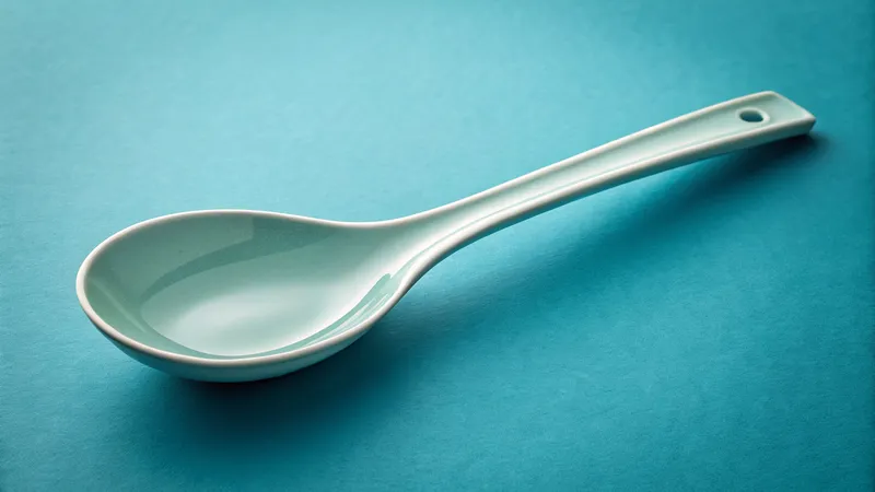 A turquoise ceramic spoon on a matching turquoise background