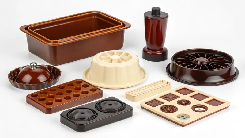 A collection of vintage brown and cream plastic baking molds and kitchenware