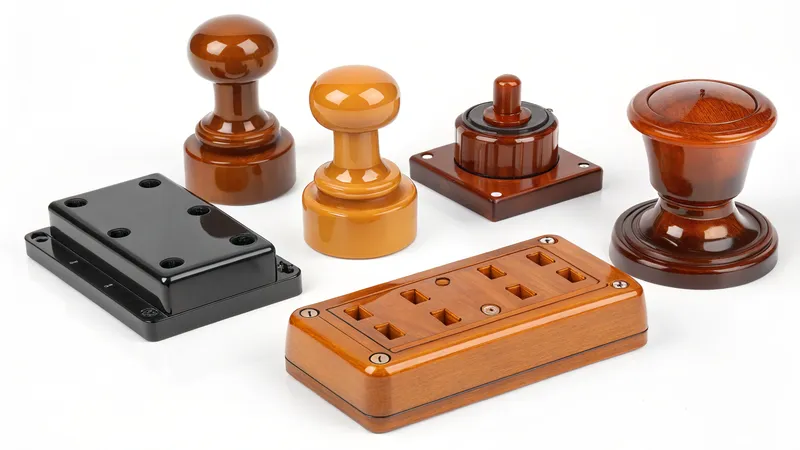 A collection of vintage electrical insulators and switches in various shapes and colors, including wooden and plastic materials