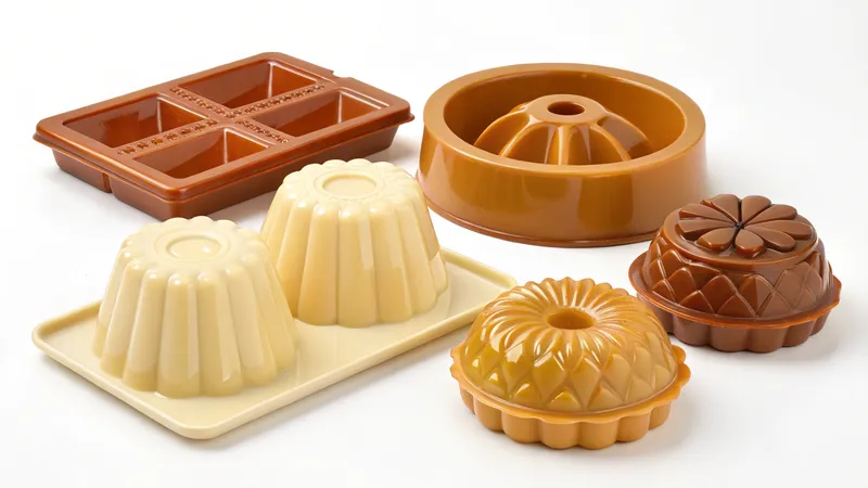 Una colección de moldes de gelatina de tupperware marrón y beige de varias formas y tamaños =