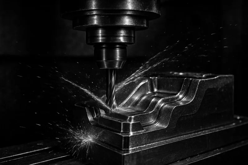 সিএনসি মিলিং মেশিন নির্ভুলতার সাথে একটি ছাঁচ খোদাই করছে, ছাঁচ তৈরির প্রক্রিয়ায় জটিল বিবরণ এবং কারুশিল্প প্রদর্শন করছে।