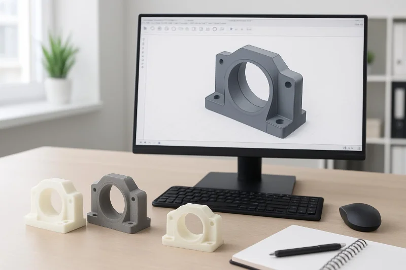 কম্পিউটার স্ক্রিনে ডেস্কে প্রোটোটাইপ সহ একটি ইনজেকশন মোল্ডেড অংশের CAD নকশা প্রদর্শিত হচ্ছে।