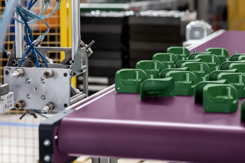 বেগুনি রঙের কনভেয়র বেল্টে বেশ কিছু সবুজ প্লাস্টিকের অংশ স্থাপন করা হয়েছে, যা শিল্প যন্ত্রপাতি সহ একটি স্বয়ংক্রিয় ইনজেকশন ছাঁচনির্মাণ ব্যবস্থার অংশ।