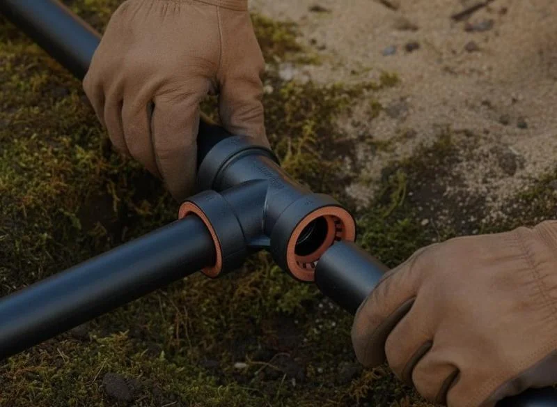 ঘাস এবং বালির পটভূমিতে পাইপের সংযোগস্থলে গ্লাভস পরা হাত, ব্যবহারিক সমাবেশ দক্ষতা প্রদর্শন করছে।