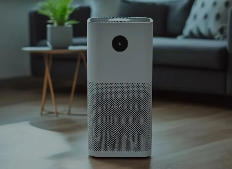 ধূসর আসবাবপত্র এবং কাঠের মেঝে সহ একটি আড়ম্বরপূর্ণ বসার ঘরে স্থাপন করা একটি মসৃণ আধুনিক বায়ু পরিশোধক।