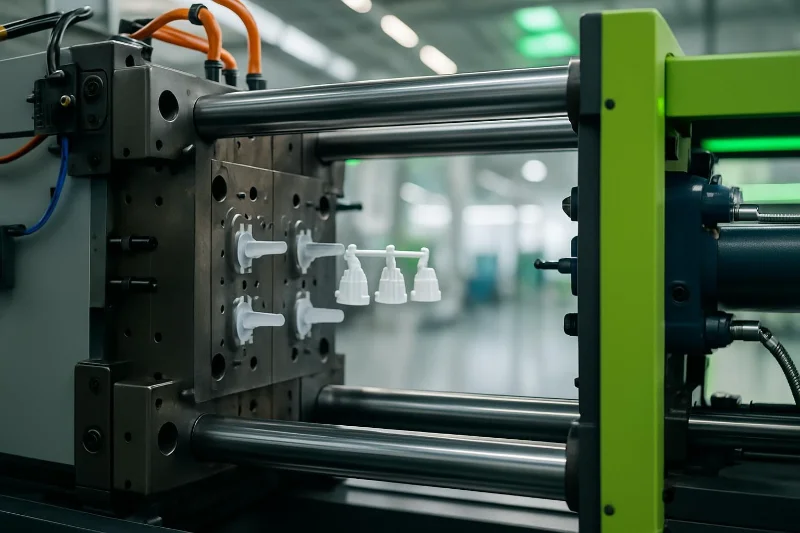 প্লাস্টিক ইনজেকশন ছাঁচনির্মাণ মেশিনের উপাদান তৈরি, স্প্রু এবং ছাঁচনির্মাণ আইটেম দেখানো, নির্ভুলতা এবং দক্ষতা তুলে ধরে।