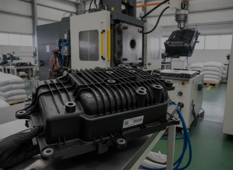 একটি কারখানায় একটি স্বয়ংক্রিয় ইনজেকশন ছাঁচনির্মাণ মেশিনে তৈরি হচ্ছে একটি প্লাস্টিকের গাড়ির যন্ত্রাংশ।