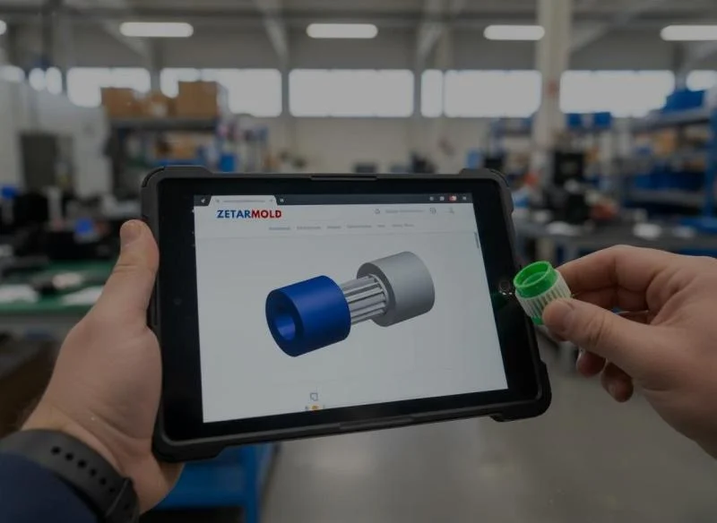 কারখানার পরিবেশে আংশিক প্লাস্টিক পণ্যের পাশে ইনজেকশন ছাঁচের নকশা দেখানো ট্যাবলেট।